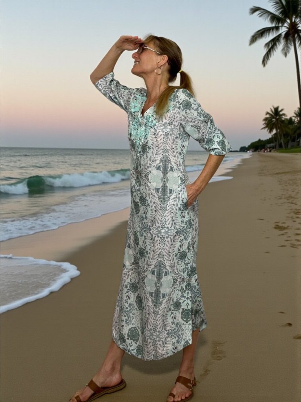 Soft Surroundings Caftan Maxi Dress Petite PXS Aqua Floral Resort NEW